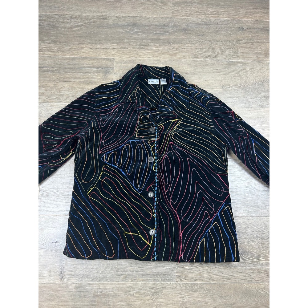 Chicos Velvet Embroidered Jacket Womens Size 1 Black Multi Color Abstract Button